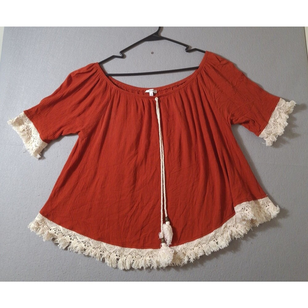Jodifl Boho Peasant Blouse L Rust Orange Crinkle Tassel Tie Crochet Lace Trim